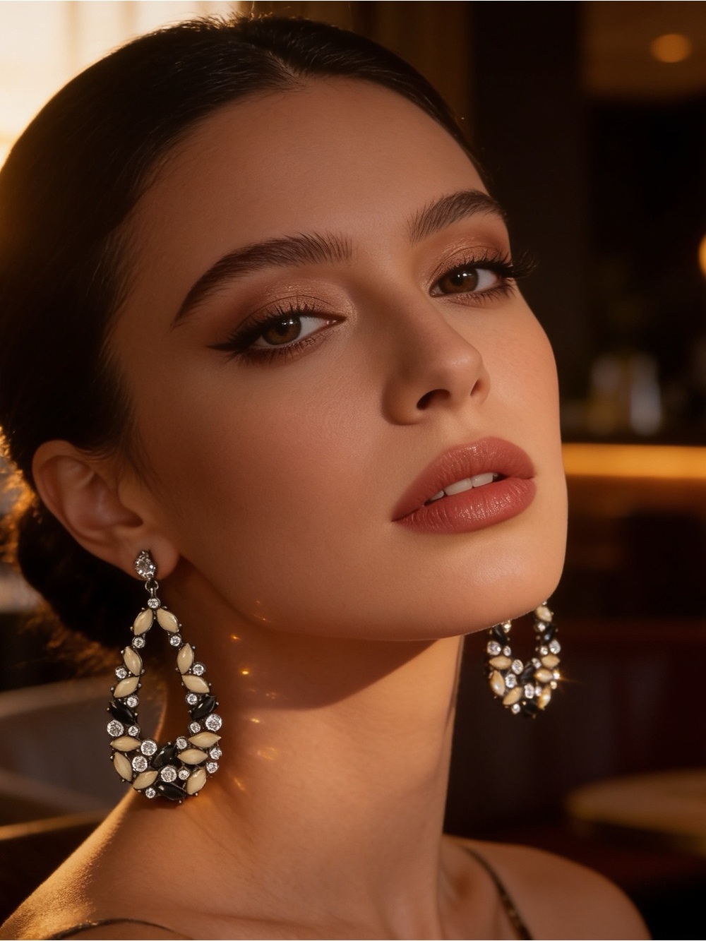 Vintage Antique Ivory and Black Crystal Rhinestone Teardrop Chandelier Earrings